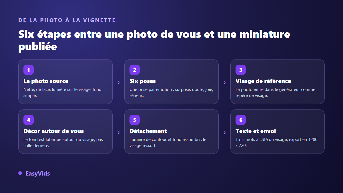 Les six étapes pour créer une miniature YouTube avec son visage : photo source, poses, visage de référence, décor, contraste, texte
