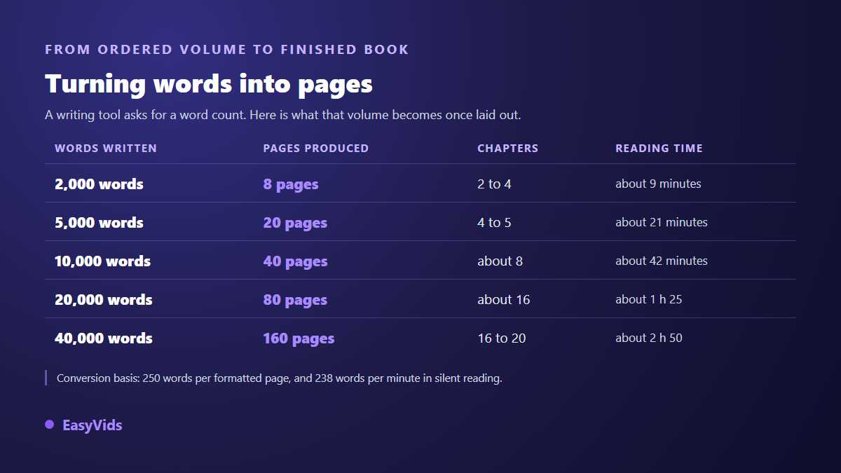 Conversion table between ebook word count, page count, number of chapters and reading time