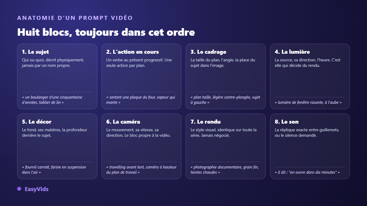 Anatomie d'un prompt vidéo IA en huit blocs : sujet, action, cadrage, lumière, décor, caméra, rendu et son