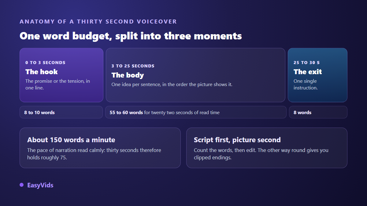 Anatomy of a thirty second TikTok voice over: hook, body and closing line with the word count of each part
