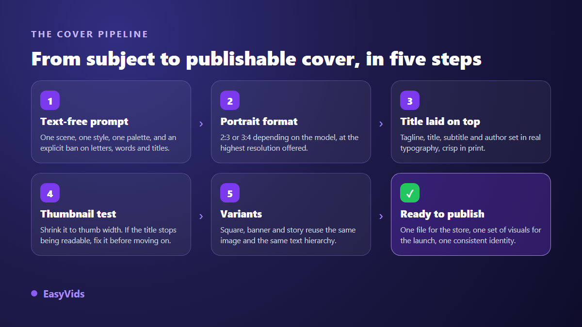 Five steps to an AI book cover: text free prompt, portrait ratio, type placed on top, thumbnail test, social crops