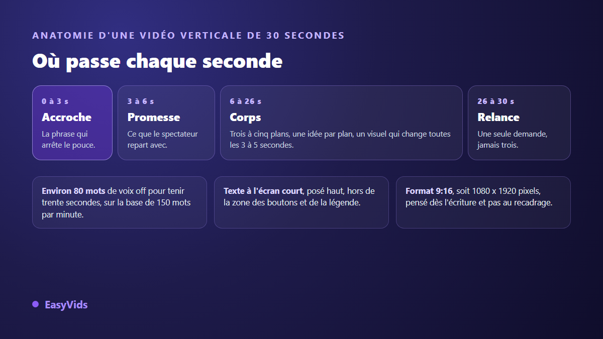 Anatomie d'une vidéo TikTok de 30 secondes : accroche, promesse, corps en plusieurs plans et relance finale