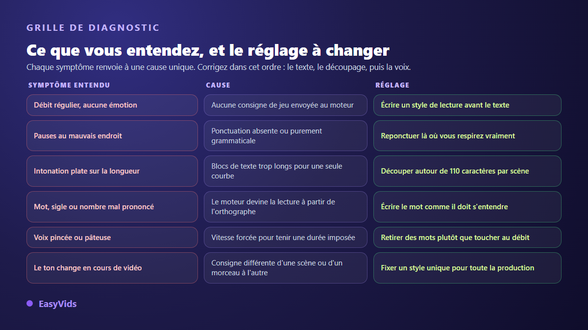 Grille de diagnostic d'une voix IA robotique : symptôme entendu, cause probable et réglage à appliquer