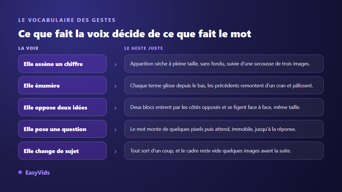 Grille de correspondance entre l'intention de la voix off et le geste d'animation du texte