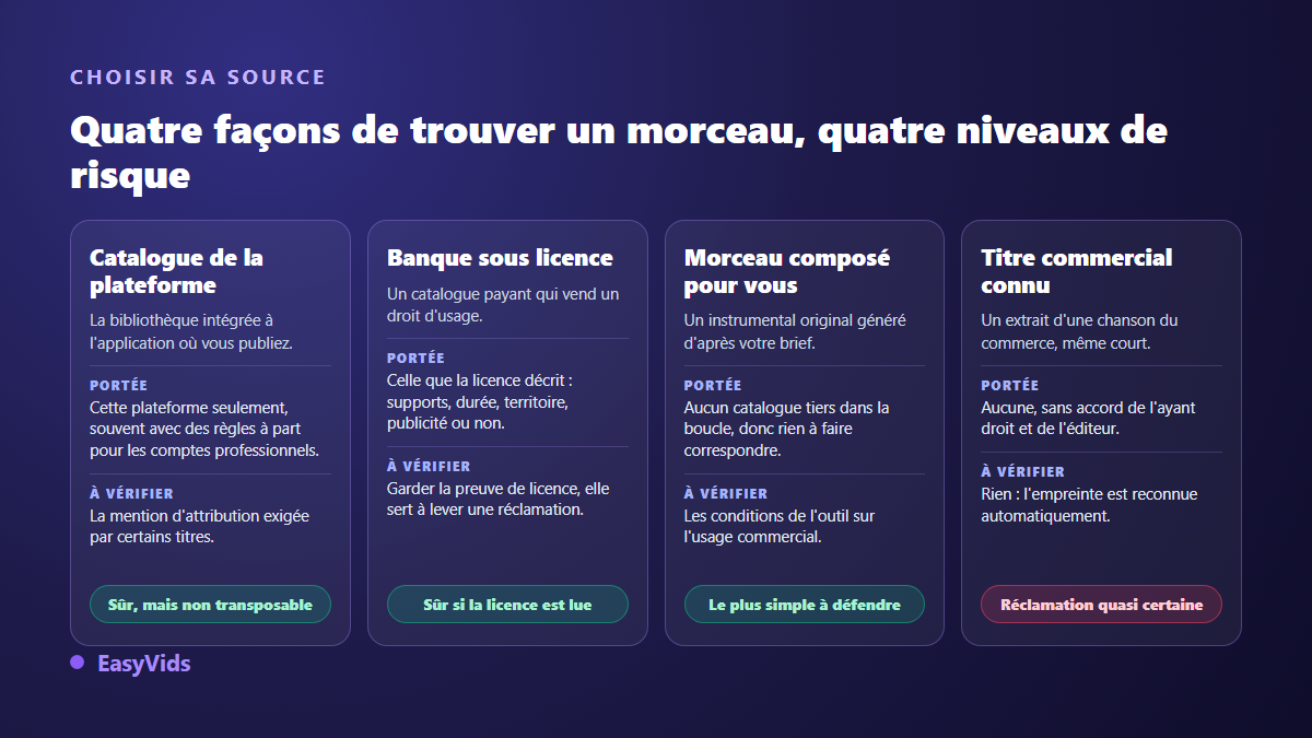Comparaison de quatre sources de musique libre de droits pour une vidéo et de leur niveau de risque de réclamation
