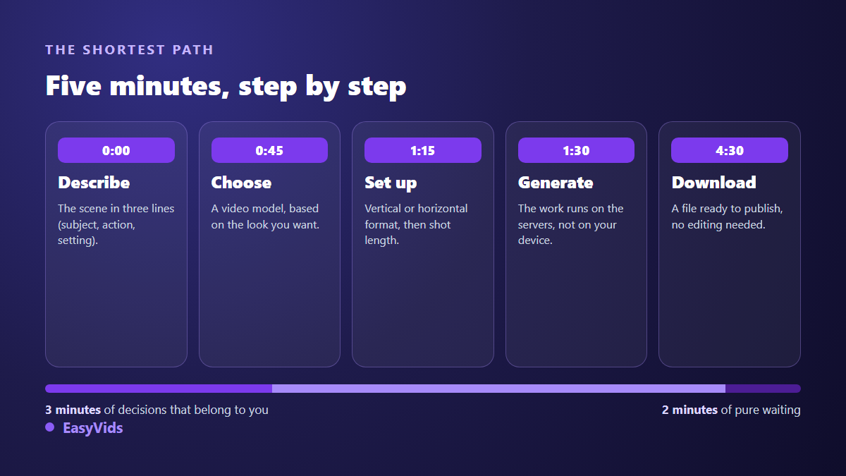 The five moves to make an AI video in five minutes: describe, choose a model, set the format, generate, download