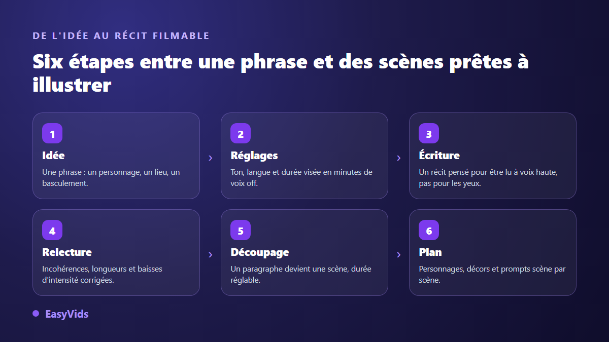 Les six étapes d'un générateur d'histoire IA : idée, réglages, écriture, relecture, découpage en scènes et plan de production