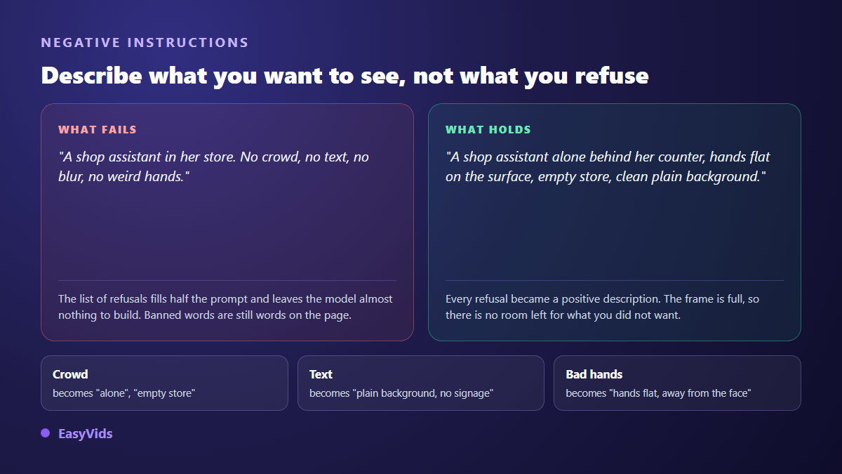 Comparison between an AI video prompt full of bans and the same prompt rewritten as positive descriptions