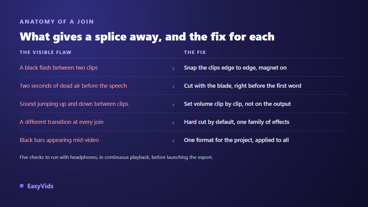 Visible defects at the join between two video clips compared with the editing moves that fix them