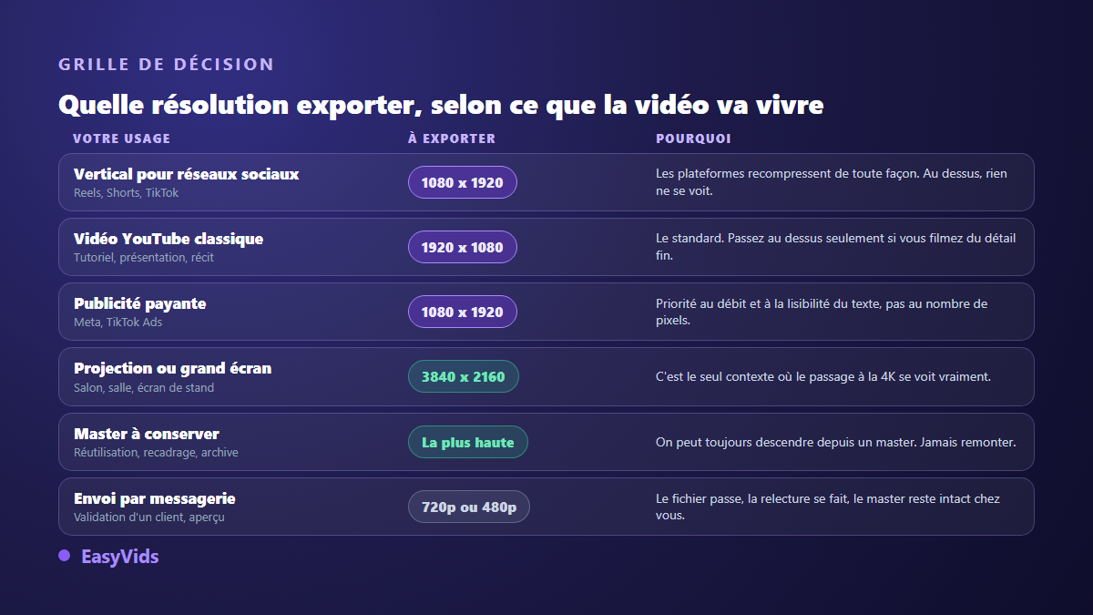 Grille de décision de la résolution vidéo à exporter selon l'usage : vertical social, YouTube, publicité, grand écran, master d'archive