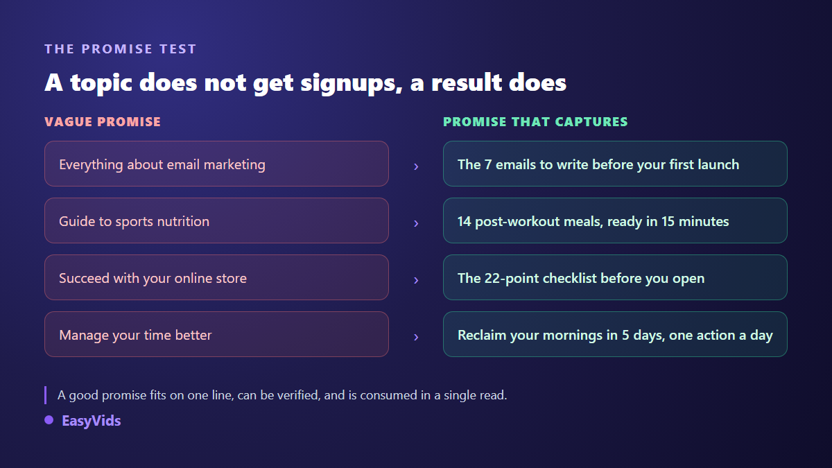 Four vague lead magnet promises compared with the narrow versions that make people sign up