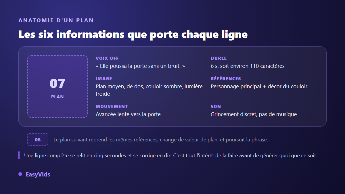 Anatomie d'un plan de storyboard vidéo : numéro, voix off, durée, description d'image, références, mouvement et son