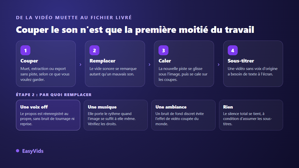 Chaîne complète pour remplacer le son d'une vidéo : couper l'audio, choisir une voix off ou une musique, caler puis sous-titrer