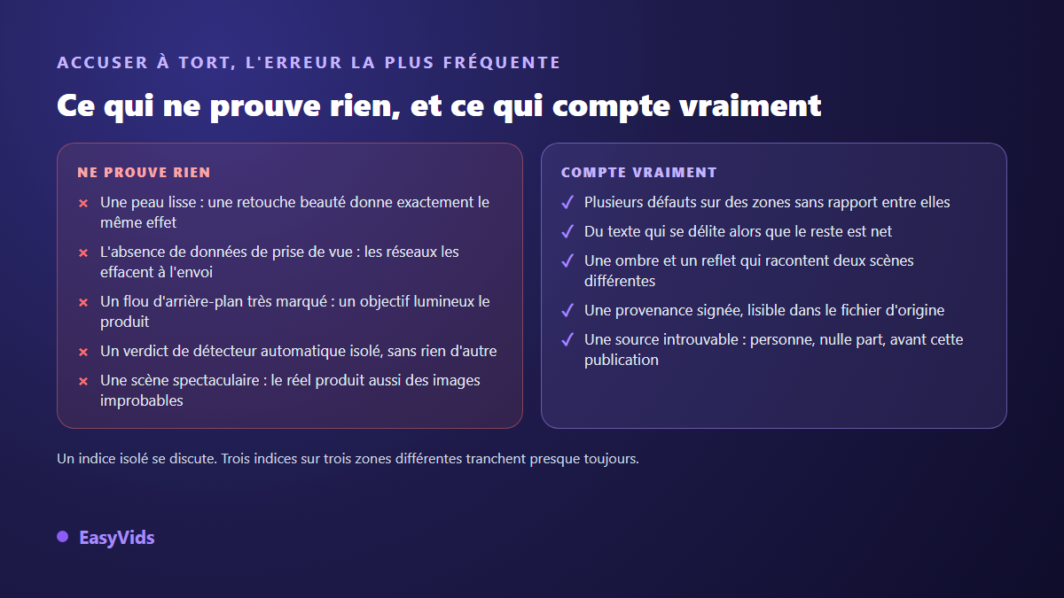 Comparaison entre les faux indices d'image IA et les signaux qui comptent vraiment pour reconnaître une image générée