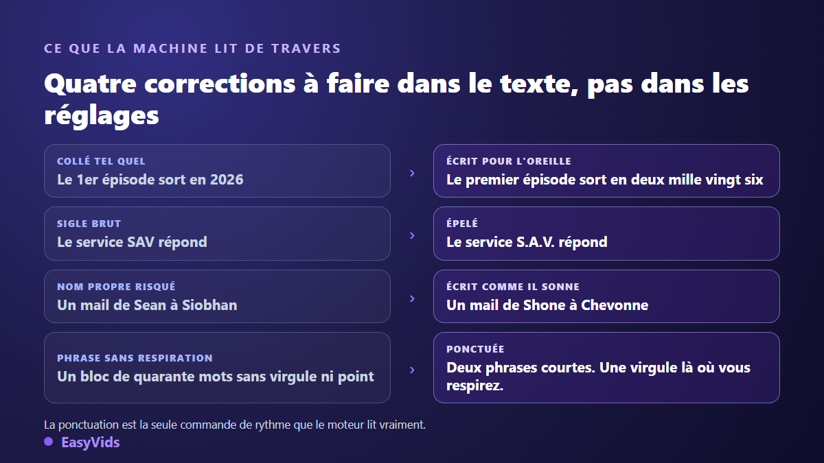 Quatre corrections de texte avant une synthèse vocale en français : nombres écrits en lettres, sigles épelés, noms propres phonétiques, phrases ponctuées