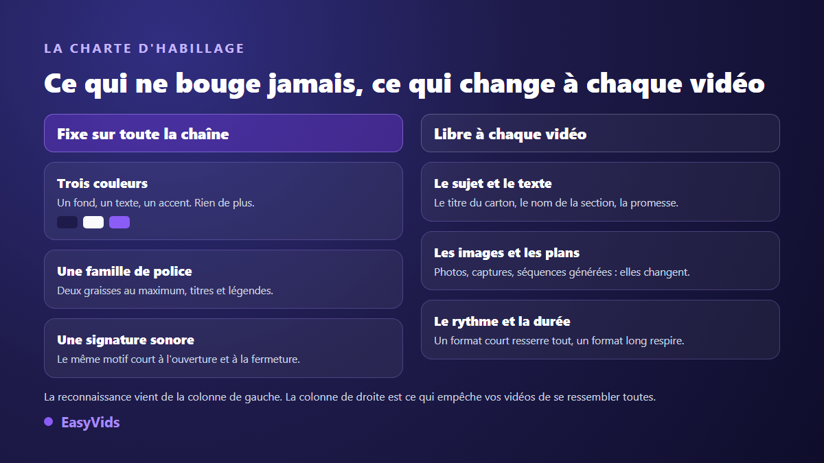 Charte d'habillage vidéo : les trois constantes fixes de la chaîne face aux éléments qui changent à chaque vidéo