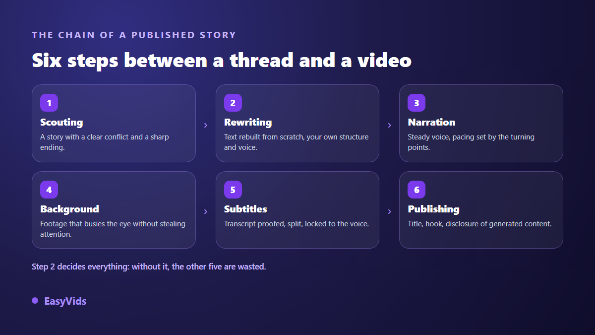 The six steps of a Reddit story video, from spotting the post to publishing with captions