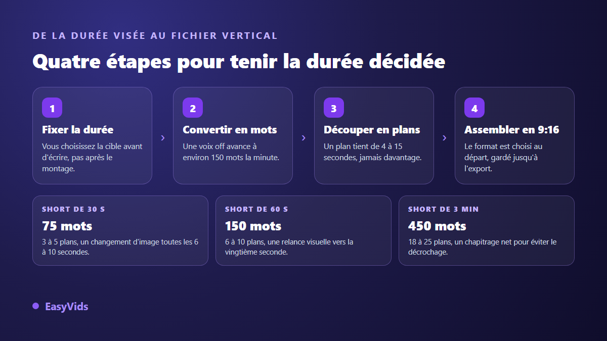 Les quatre étapes pour fabriquer un Short à la durée voulue, de la cible en secondes au fichier vertical assemblé
