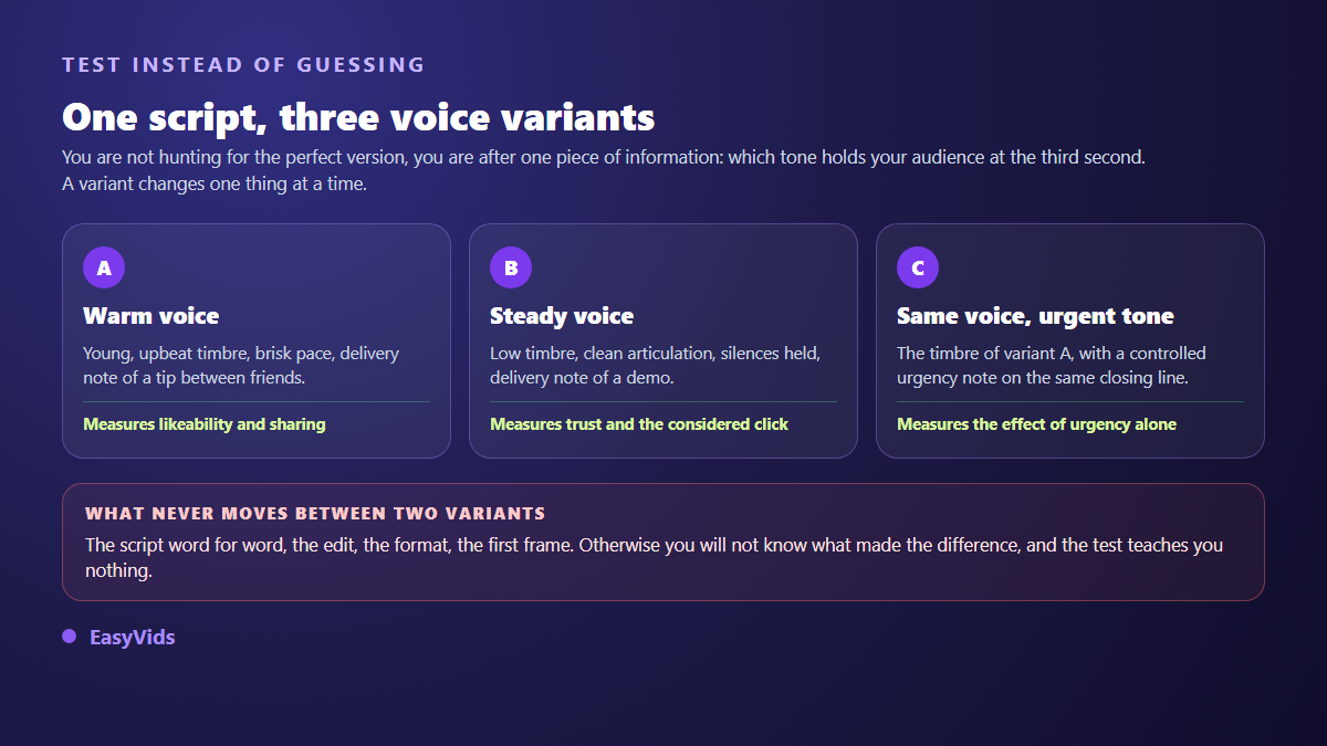 Three ad voice over variants built on one script and what each one measures