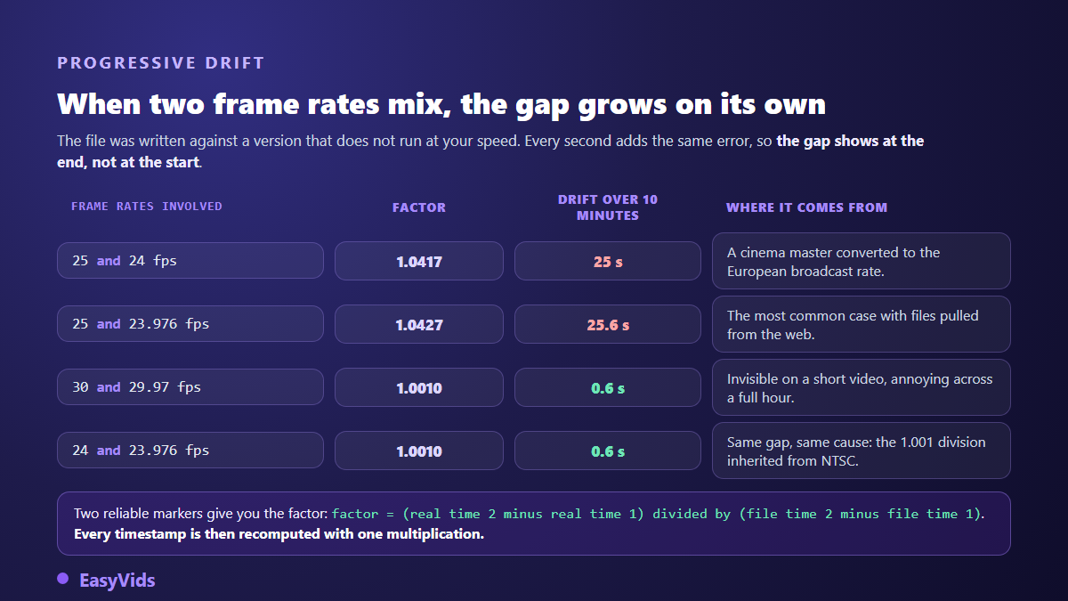 Table of mismatched frame rates and the subtitle drift they create over ten minutes