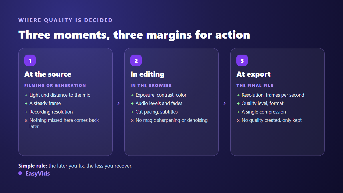 The three moments that decide video quality: the source, the browser edit and the final file export