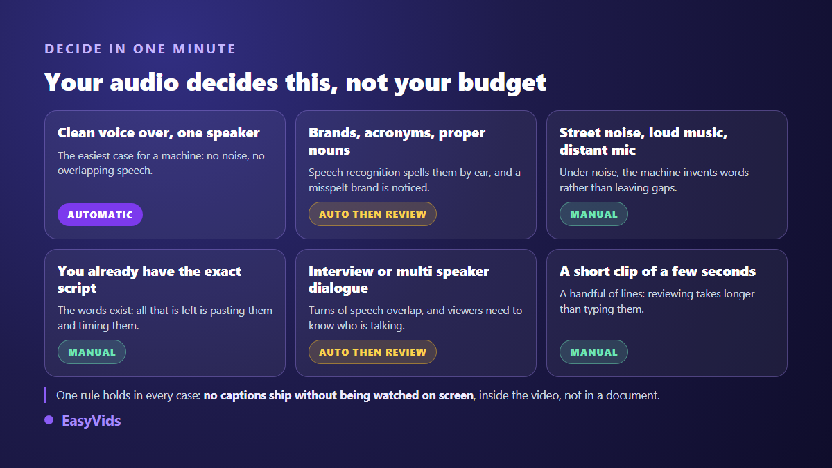 Decision grid for choosing between automatic captions, manual captions and review after transcription depending on the audio