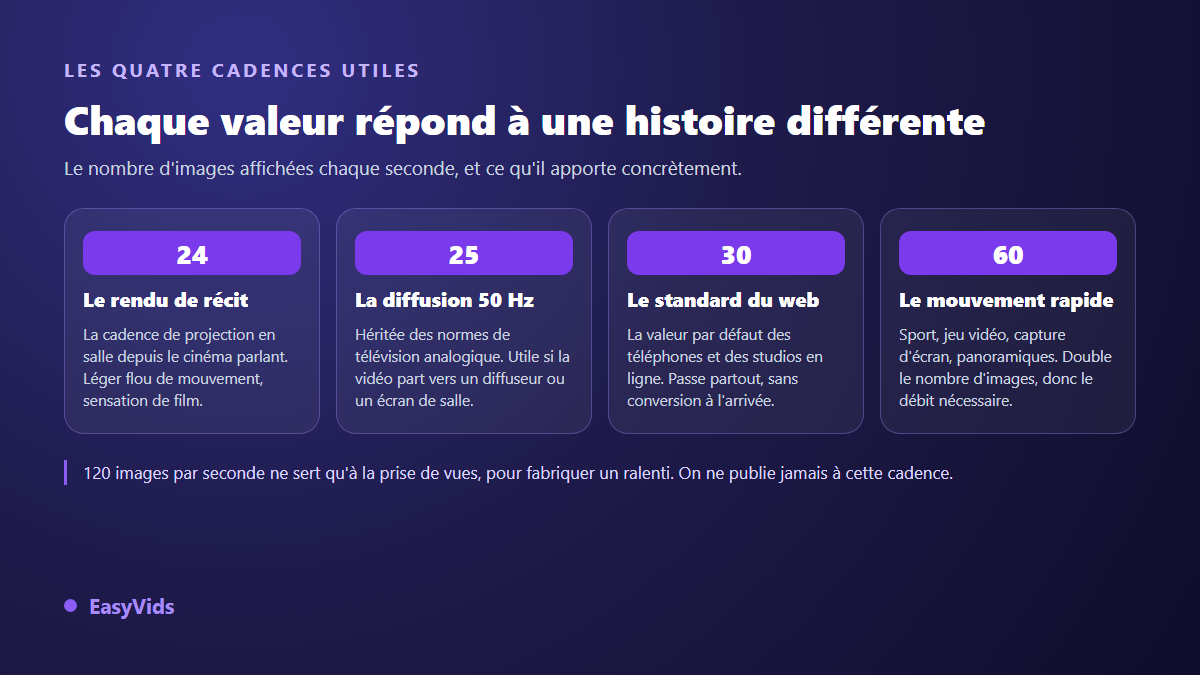 Comparaison des cadences vidéo de 24, 25, 30 et 60 images par seconde et de leurs usages