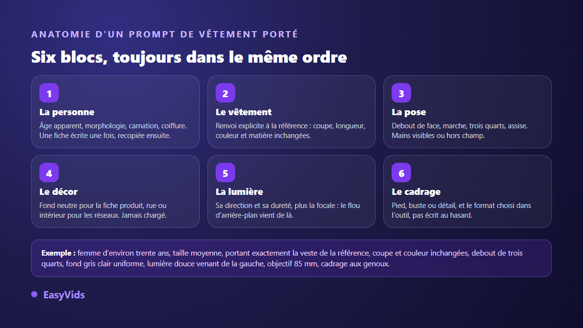 Les six blocs d'un prompt de mannequin virtuel IA : la personne, le vêtement, la pose, le décor, la lumière et le cadrage