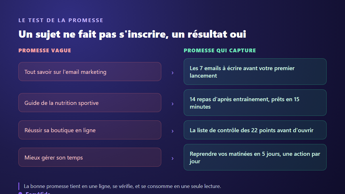 Comparaison entre quatre promesses vagues de lead magnet et leur version étroite qui fait s'inscrire