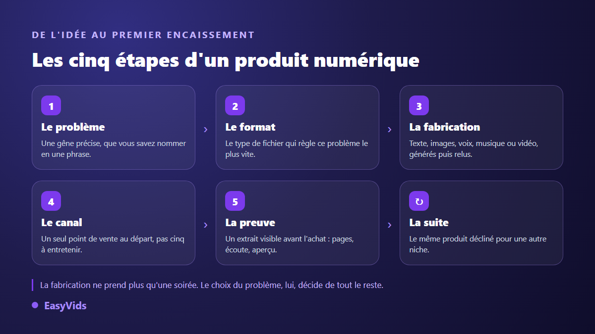 Les cinq étapes d'un produit numérique : problème, format, fabrication, canal de vente et preuve avant achat