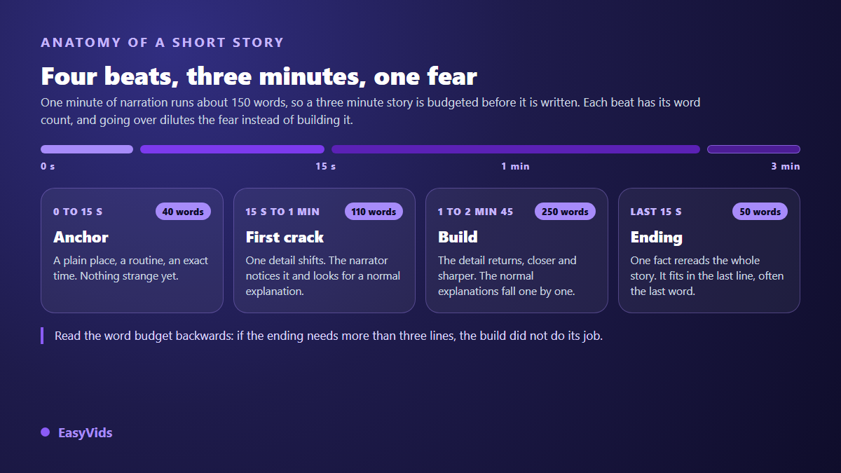 Four beat structure of a short scary story with the word budget of each part