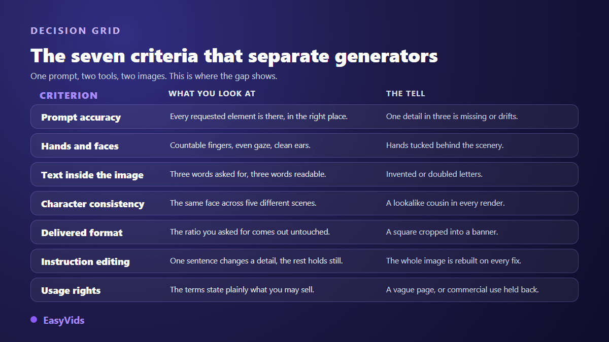 Grid of the seven criteria for choosing an AI image generator: prompt accuracy, hands and faces, text, character, format, editing, rights