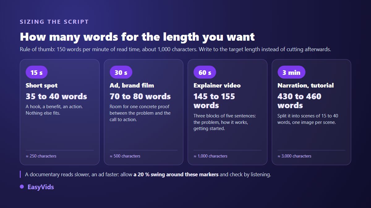 Voice over script length chart: target duration, word count and character count