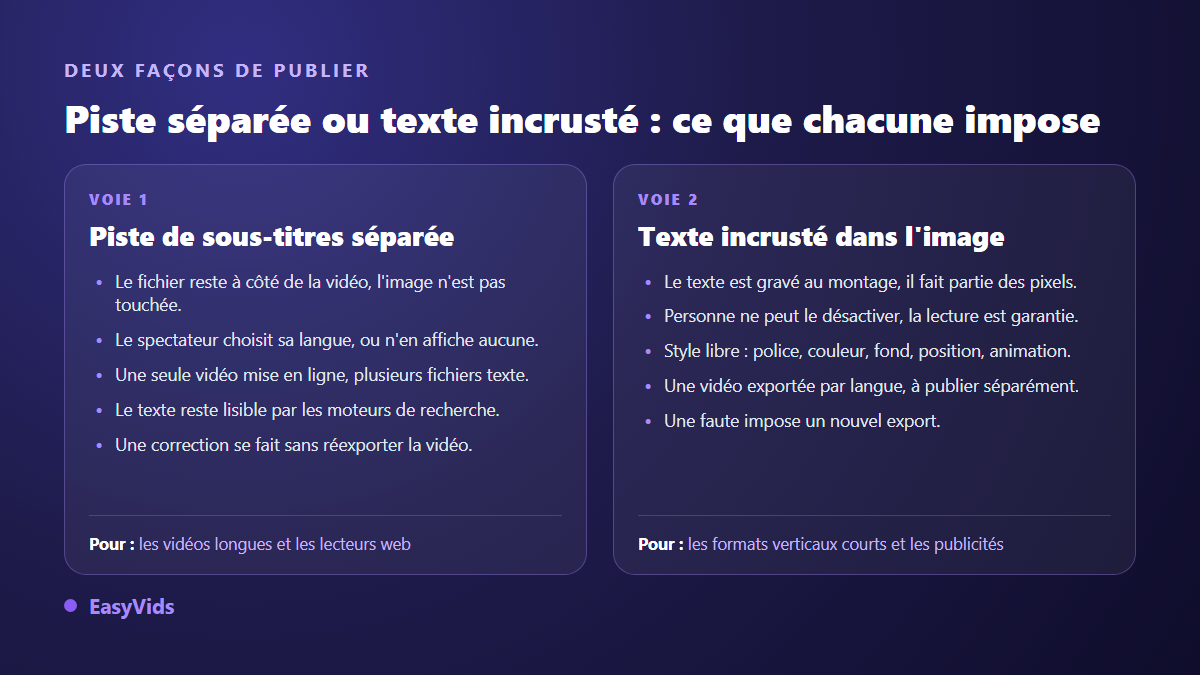 Comparaison entre une piste de sous-titres traduits séparée et des sous-titres incrustés dans l'image