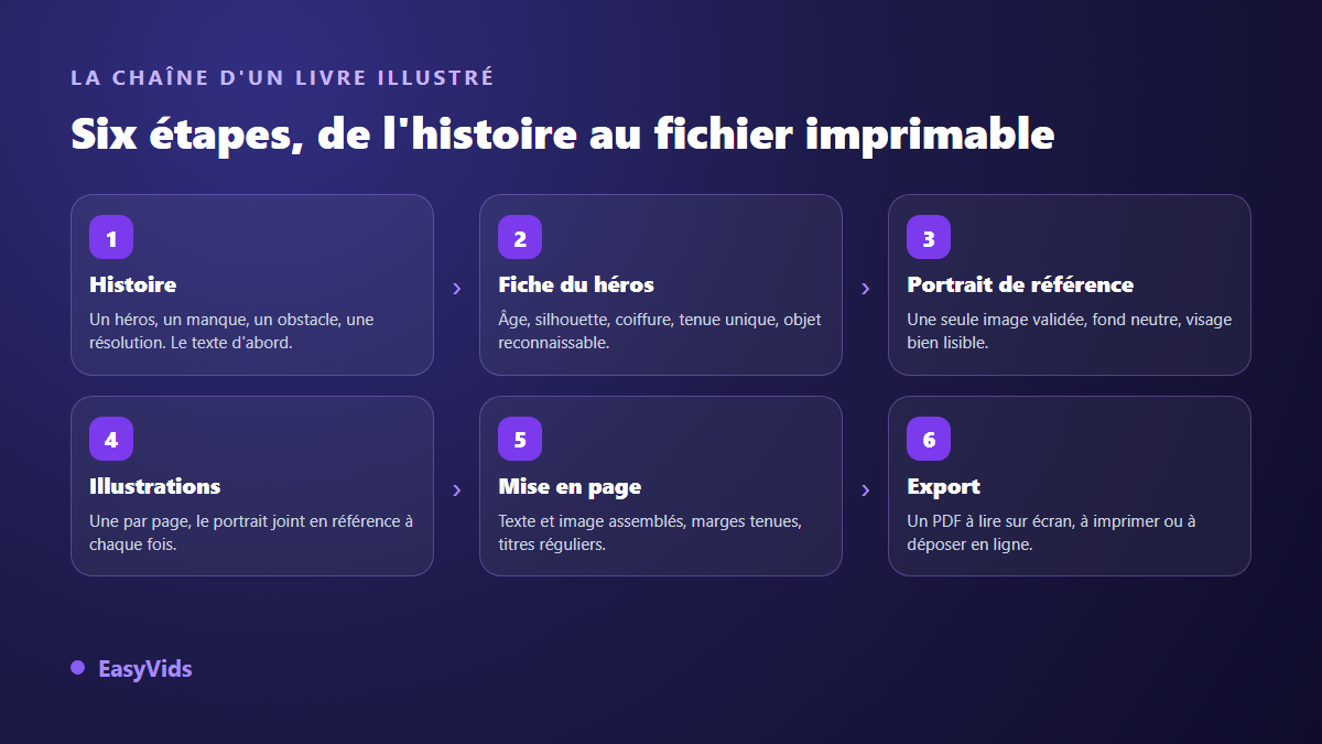 Les six étapes de fabrication d'un livre pour enfants illustré par IA, de l'histoire au PDF exporté