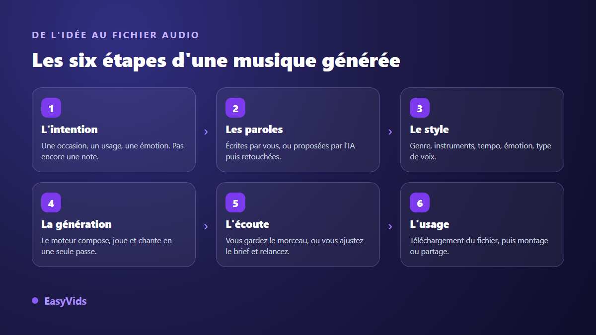Les six étapes d'une musique générée par IA : intention, paroles, style, génération, écoute et usage