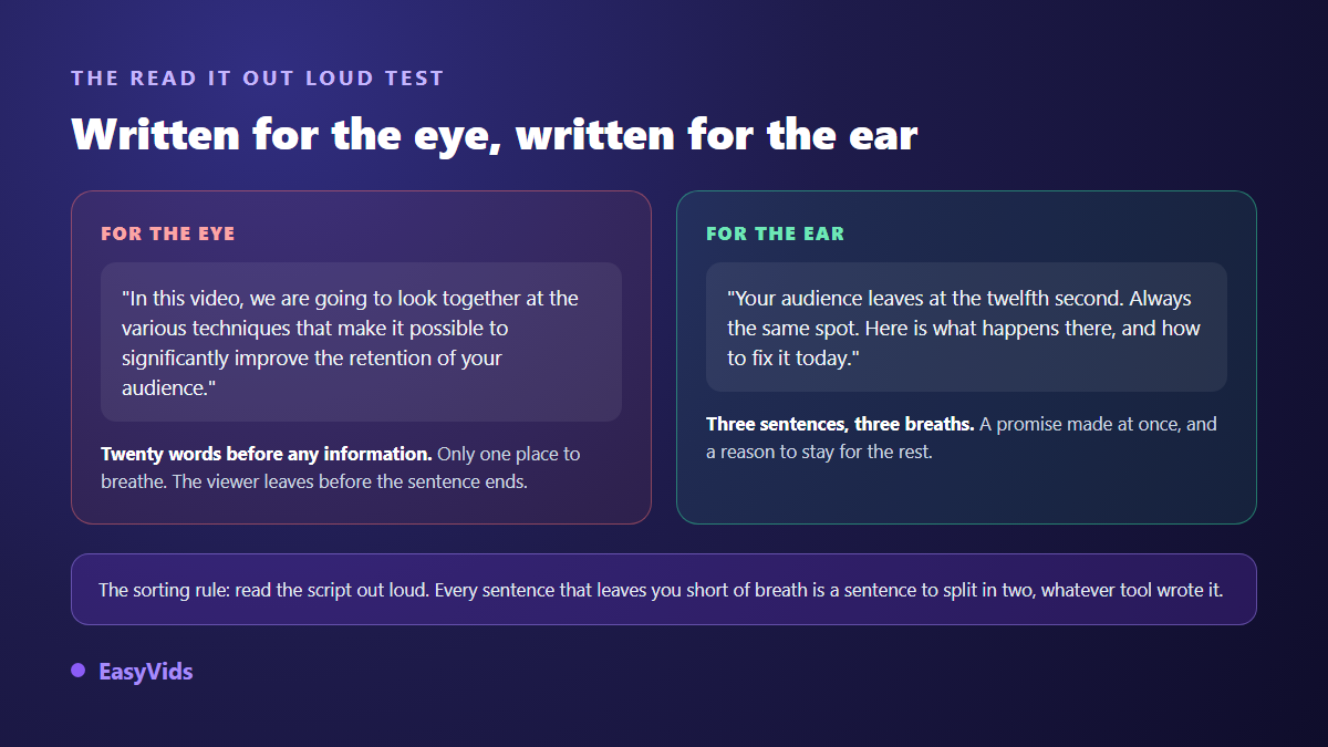 A script written for the eye compared with a script written for the ear, with the read aloud rule
