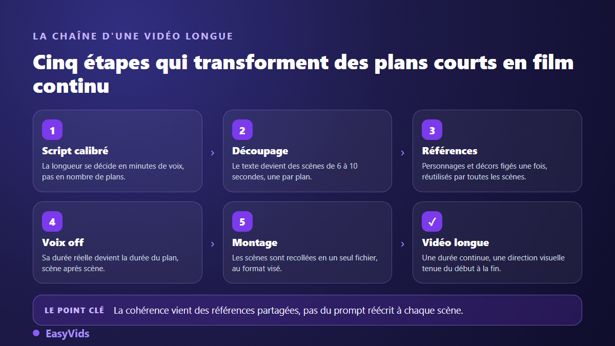 Les cinq étapes pour faire des vidéos IA plus longues : script calibré, découpage en scènes, références stables, voix off et montage