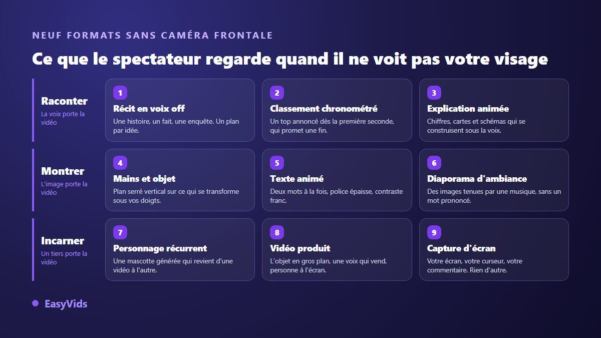 Les neuf formats de vidéo TikTok sans visage classés en trois familles : raconter, montrer, incarner