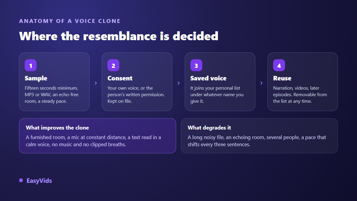 Anatomy of an AI voice clone: clean audio sample, written consent, stored voice, reuse across projects