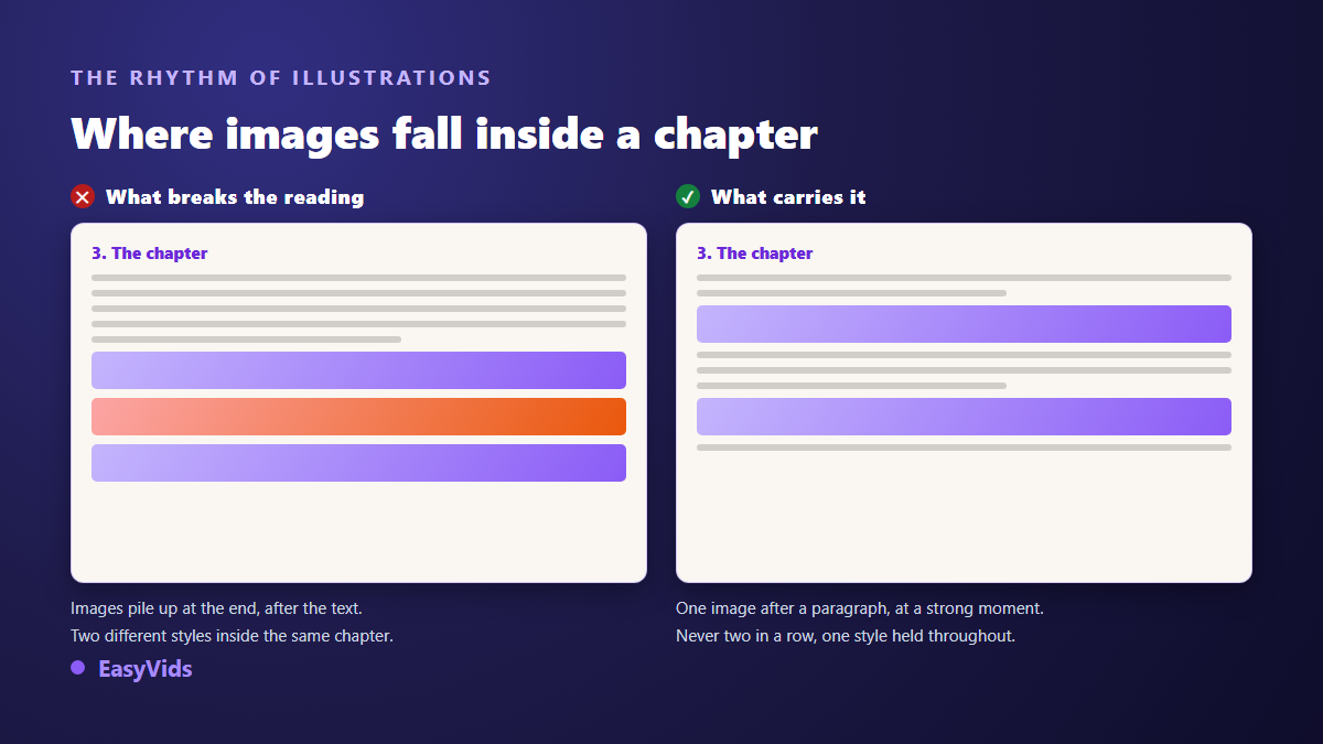 Illustration placement in an ebook chapter: images stacked at the end compared with images spread between paragraphs