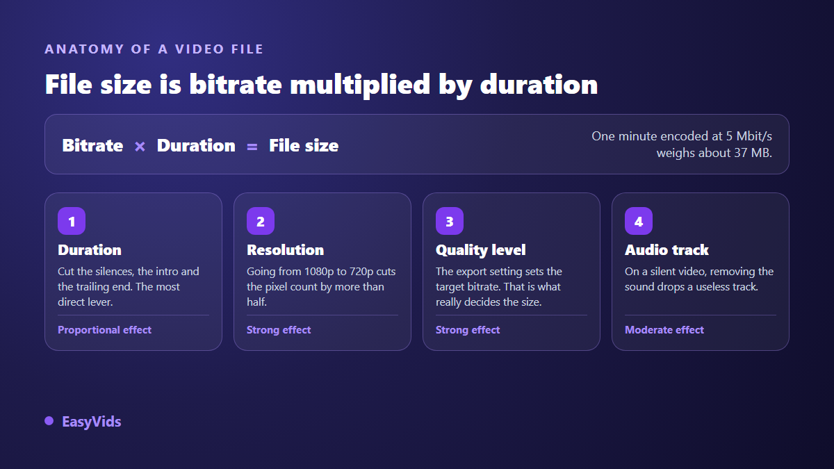 The four levers that reduce video file size: duration, resolution, export quality level and the audio track