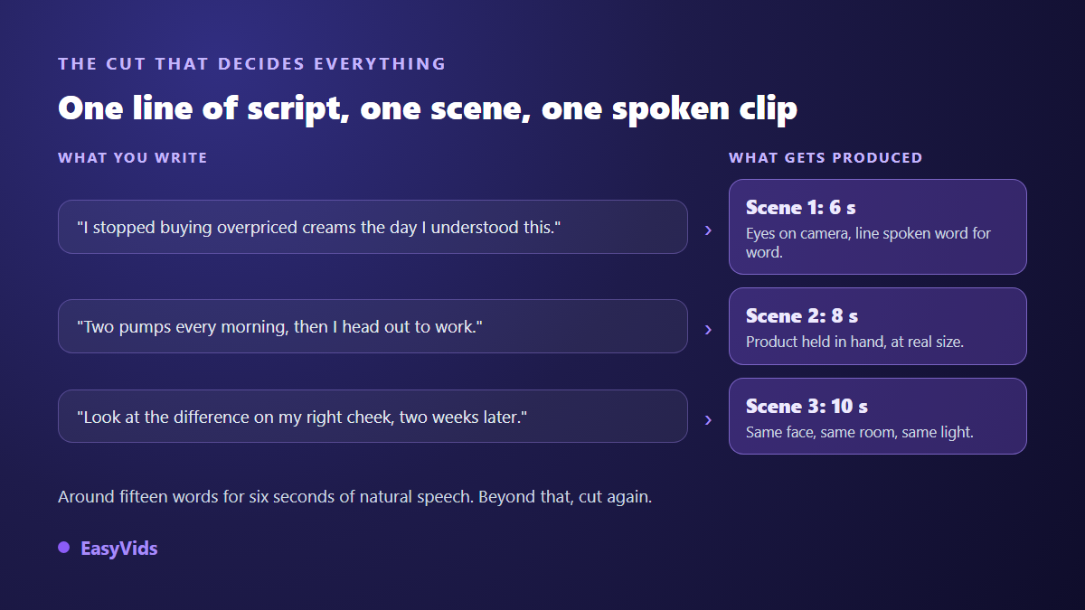 A UGC script cut into six to ten second scenes, each line producing one spoken clip