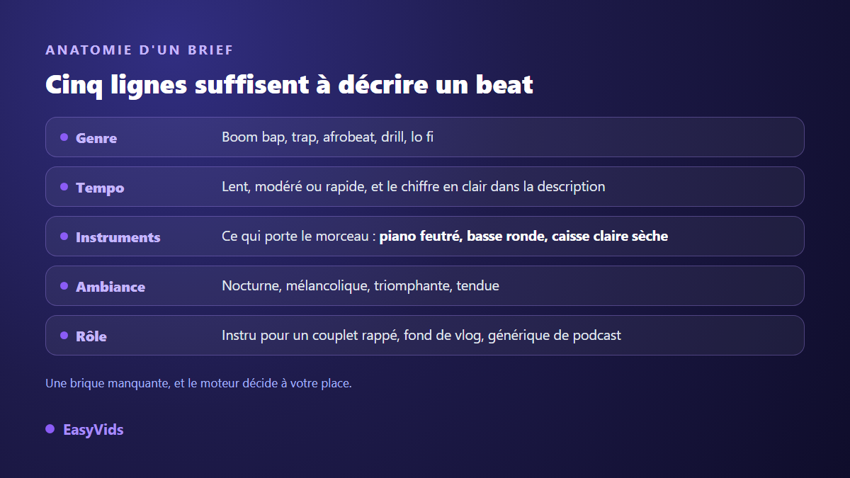 Les cinq briques d'un brief de beat IA : genre, tempo, instruments, ambiance et rôle du morceau