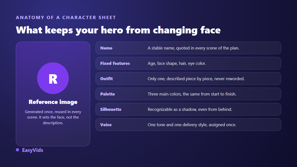 Anatomy of an AI cartoon character sheet: identifier, fixed traits, outfit, palette, silhouette and voice