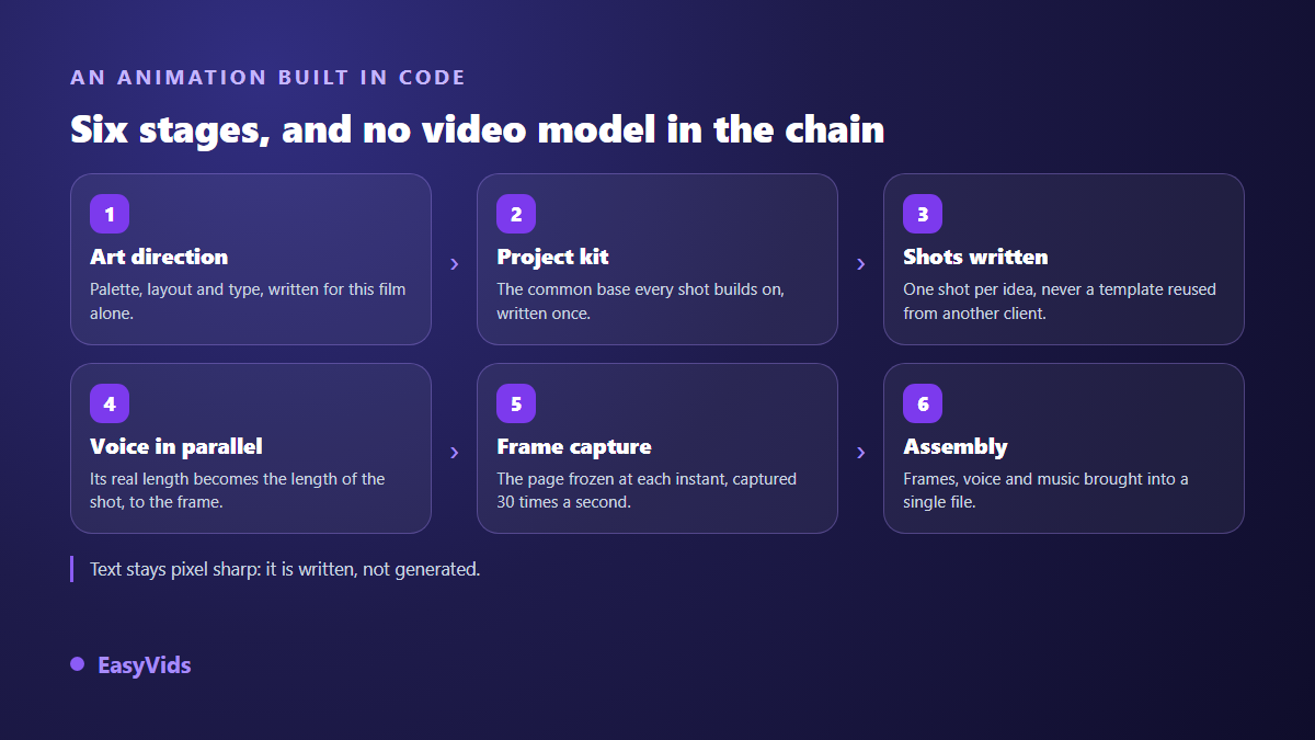 The six stages of a code based animated video engine: art direction, project kit, written shots, voice over, frame capture and assembly