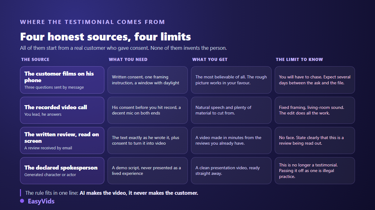 Four sources for a customer testimonial video: the customer films on a phone, a recorded video call, a written review read on screen, a declared spokesperson