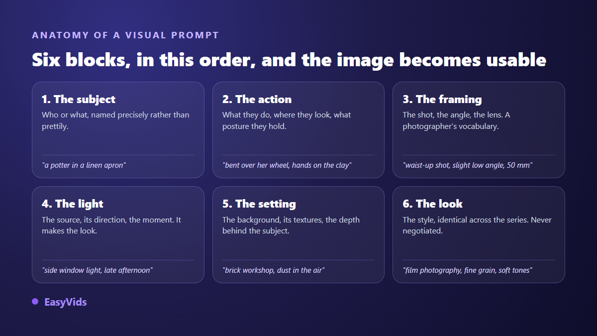 The six blocks of an AI image generator prompt: subject, action, framing, light, setting and render