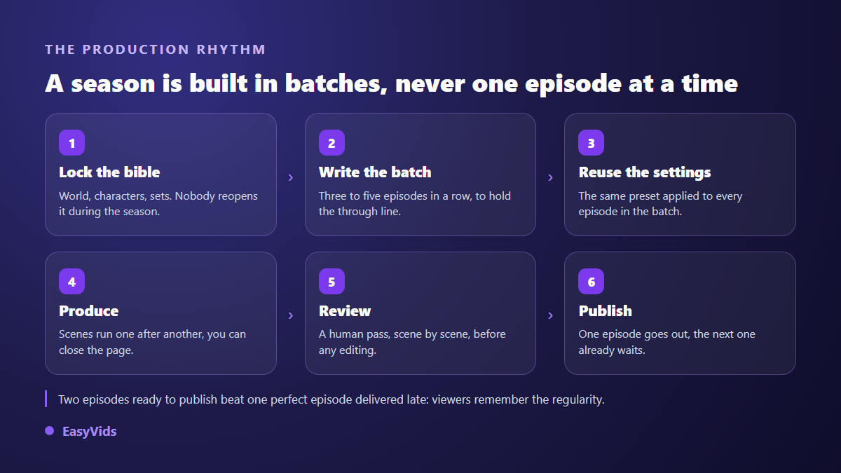Six step production cycle of an AI video series, from frozen bible to publishing