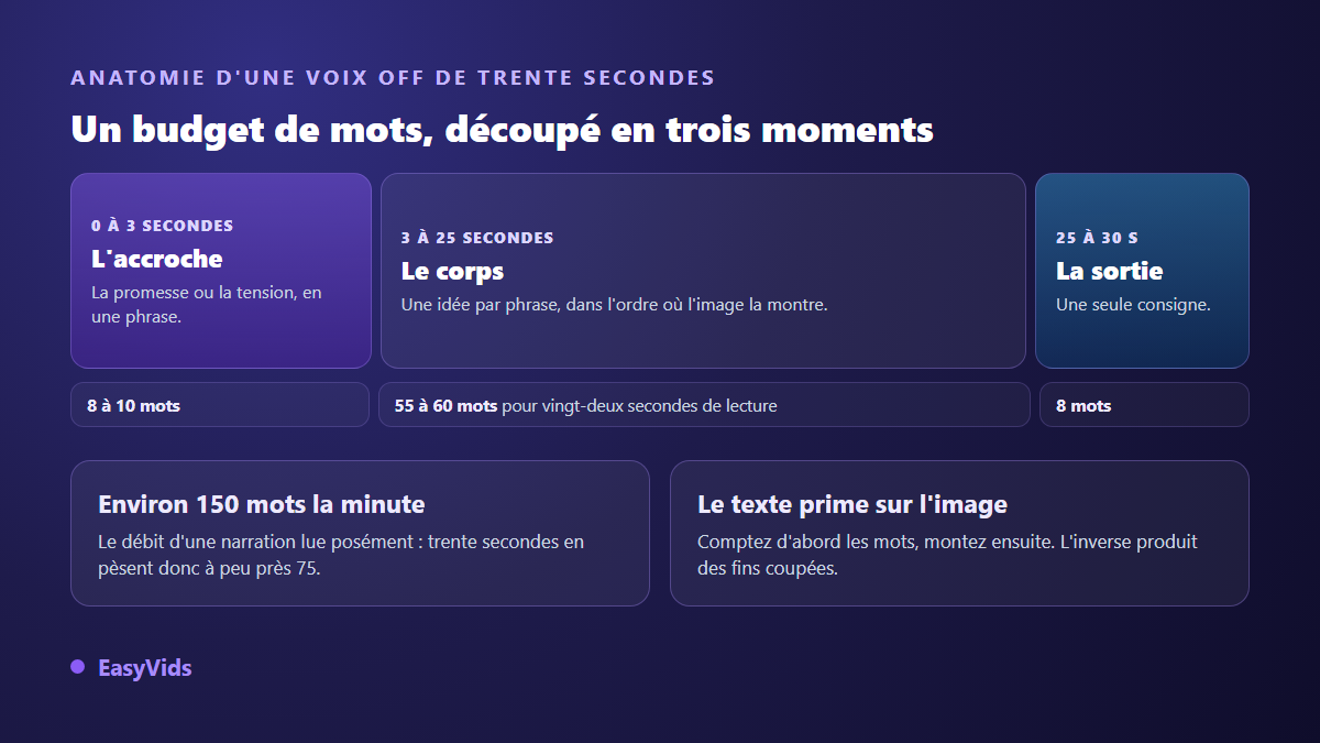 Anatomie d'une voix off TikTok de trente secondes : accroche, corps et sortie avec le nombre de mots de chaque partie